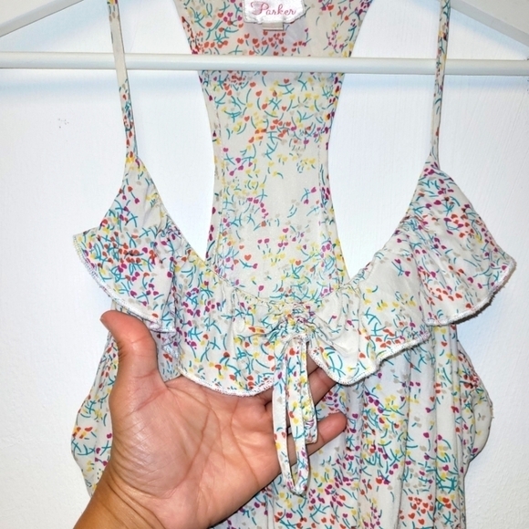 Parker Silk Cream Multicolored Floral Dress Smocked Waist Size L - Picture 3 of 14